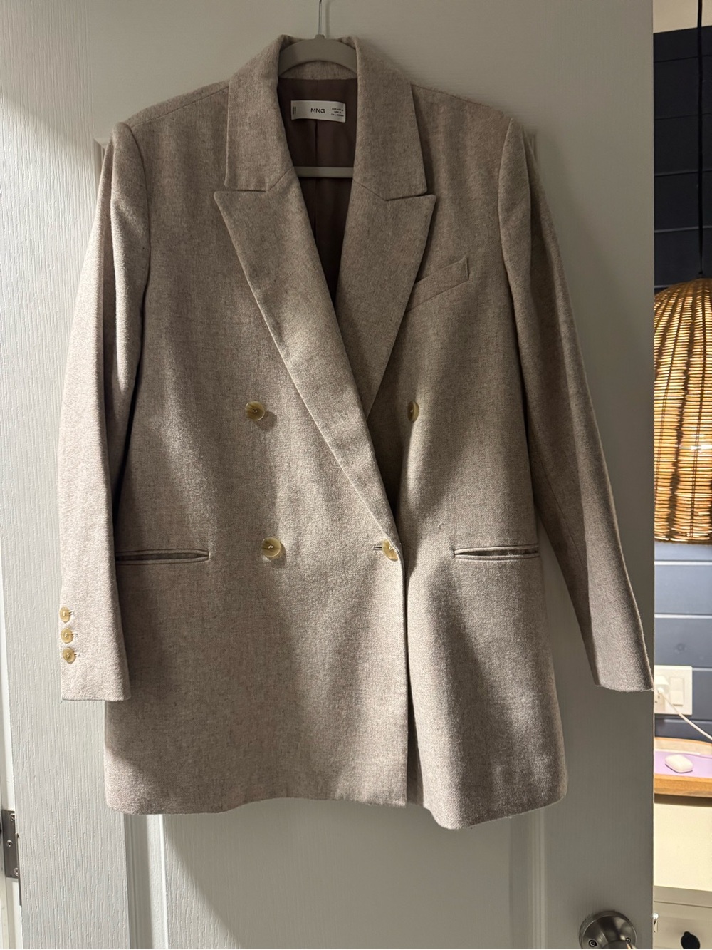 Mango Double-Breasted Blazer in Light Taupe with Gold Buttons